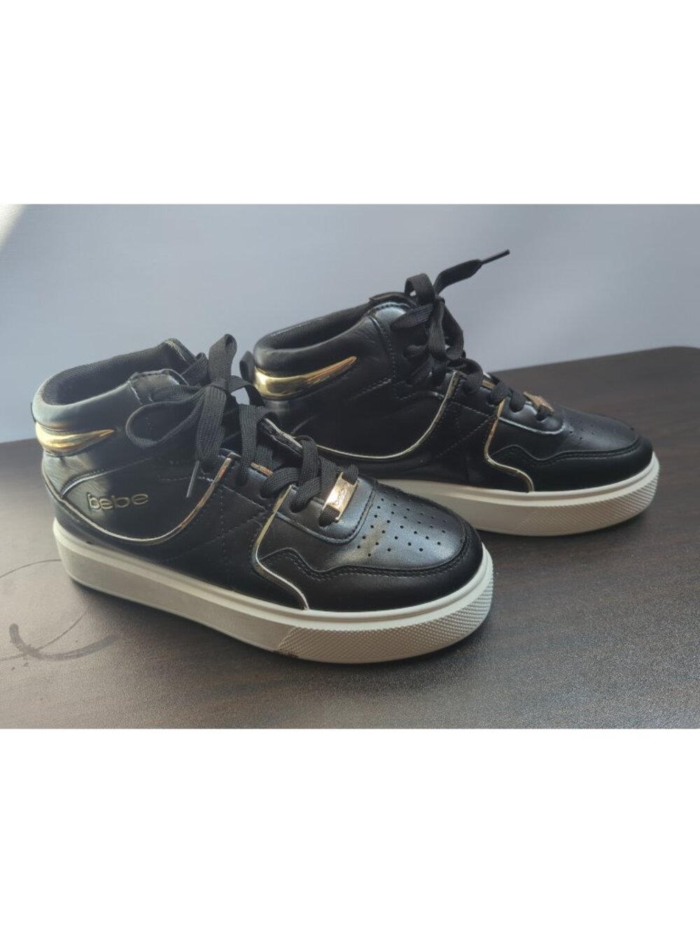 NWB BEBE SPORT SIZE 8.5 MONAH BLACK/GOLD HIGH TOP SNEAKERS